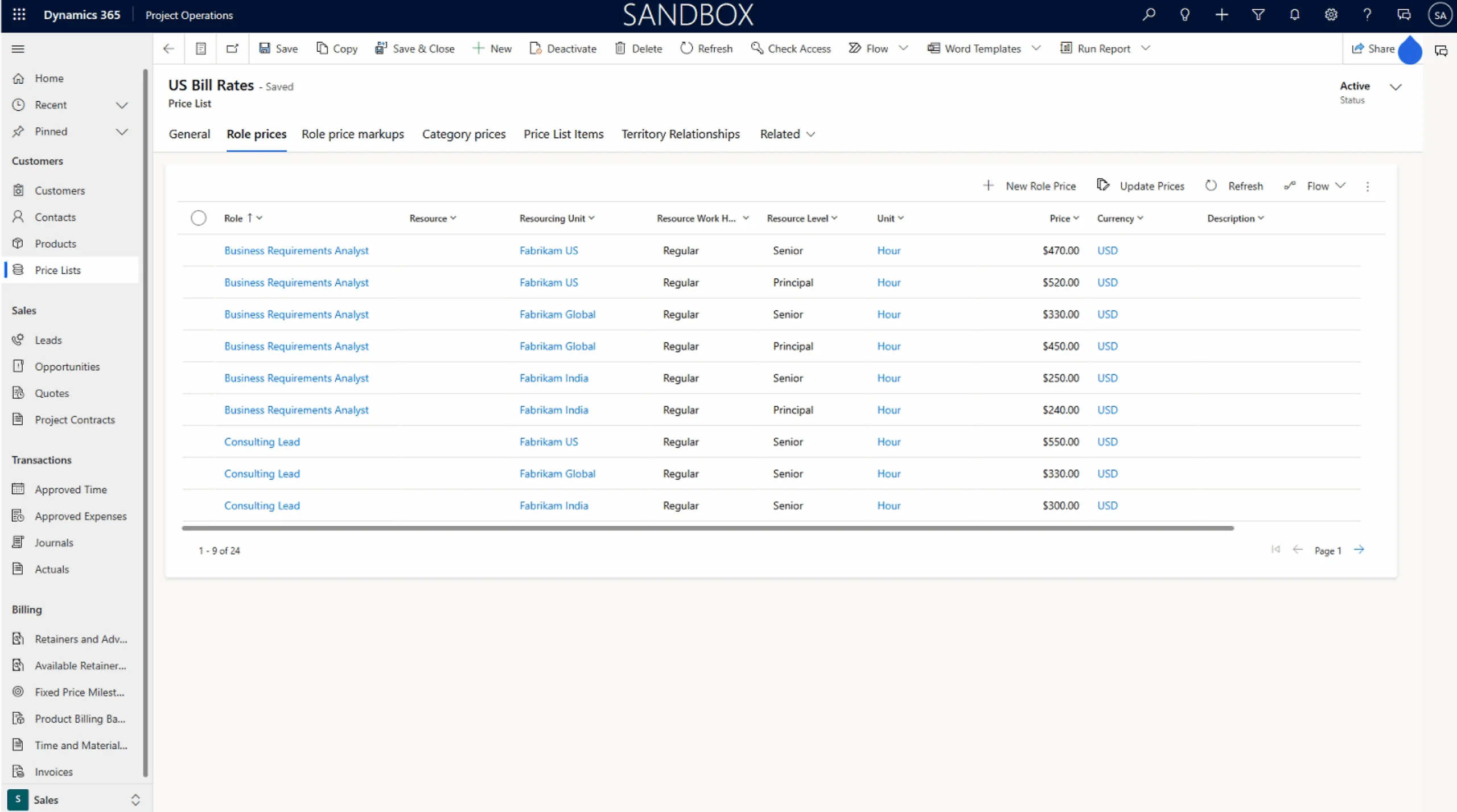 Dynamics 365 Project Operations interface showing a US Bill Rates price list. The screen displays role prices by resource type, resourcing unit, work hours, resource levels (Senior, Principal), and hourly rates in USD. Roles include Business Requirements Analyst and Consulting Lead, with prices ranging from $240 to $550 per hour.