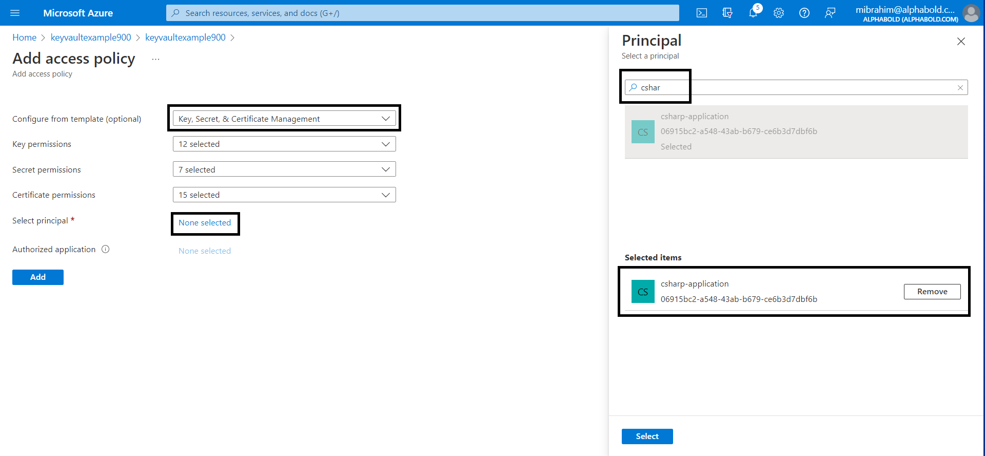 Infographics show the add an access policy in Azure key vault