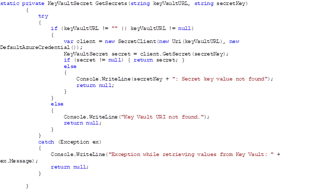Infographics show the use code to get the secrets in Azure Key Vault
