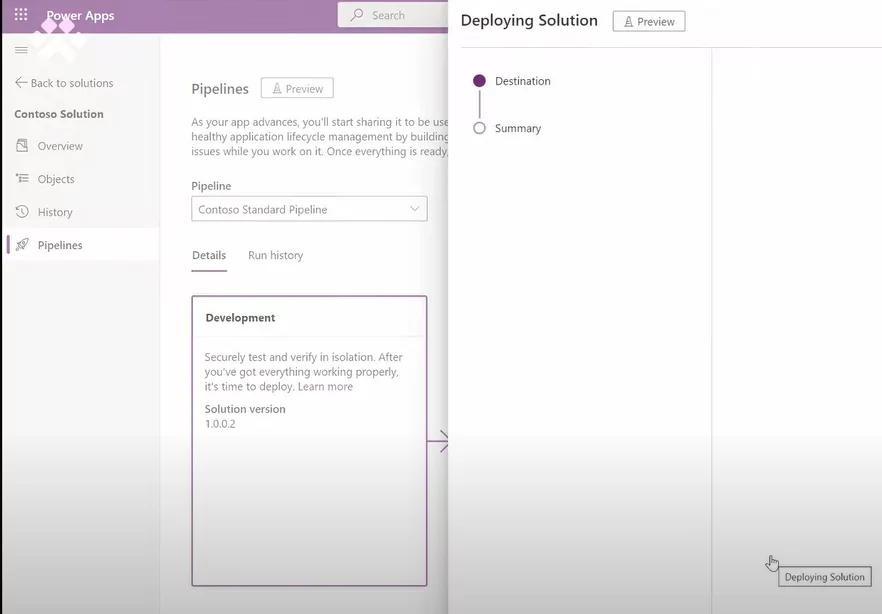 Infographics show the Power Platform Pipelines (Deploying Solution)