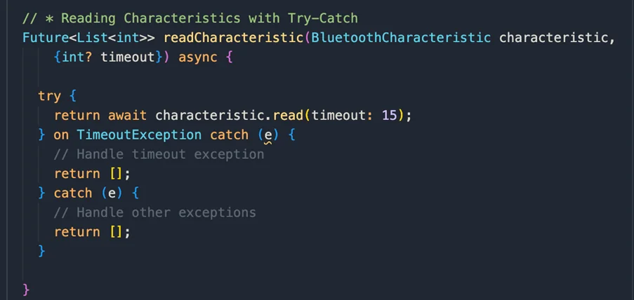 Infographic show Reading Characteristics with Try-Catch in Advanced BLE Operations