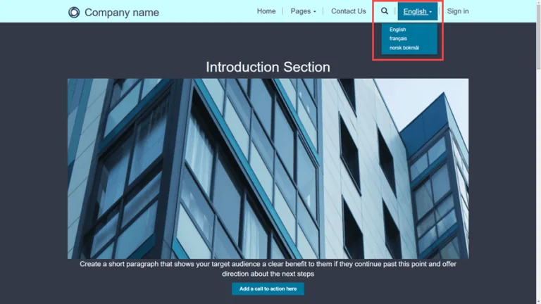Screenshot of a sample website created in Microsoft Power Pages showing a language selection dropdown in the top navigation bar. The dropdown menu displays three available languages: English, français, and norsk bokmål. The page also features a sample header with navigation links, a large building image, and an introduction section.