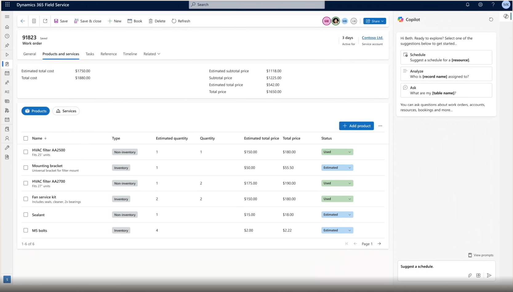 Microsoft Dynamics 365 Field Service work order screen showing products and services, estimated and actual costs, inventory usage, and Copilot suggestions for scheduling and analysis