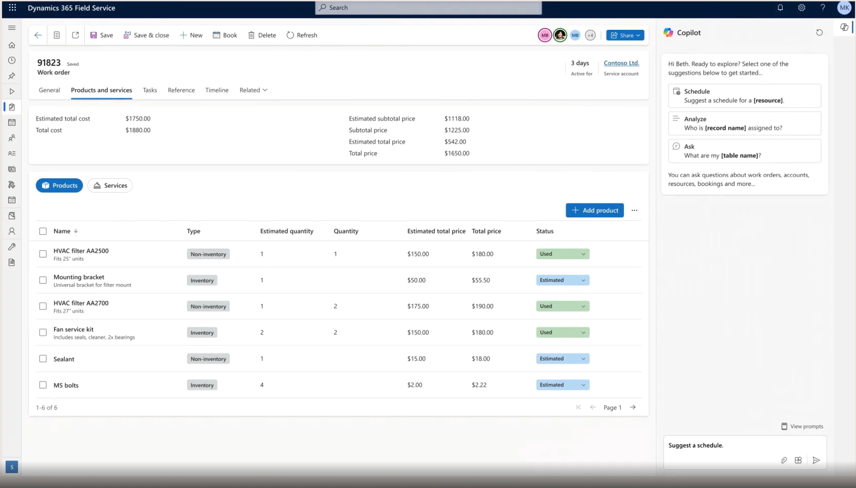 Microsoft Dynamics 365 Field Service work order screen showing products and services, estimated and actual costs, inventory usage, and Copilot suggestions for scheduling and analysis