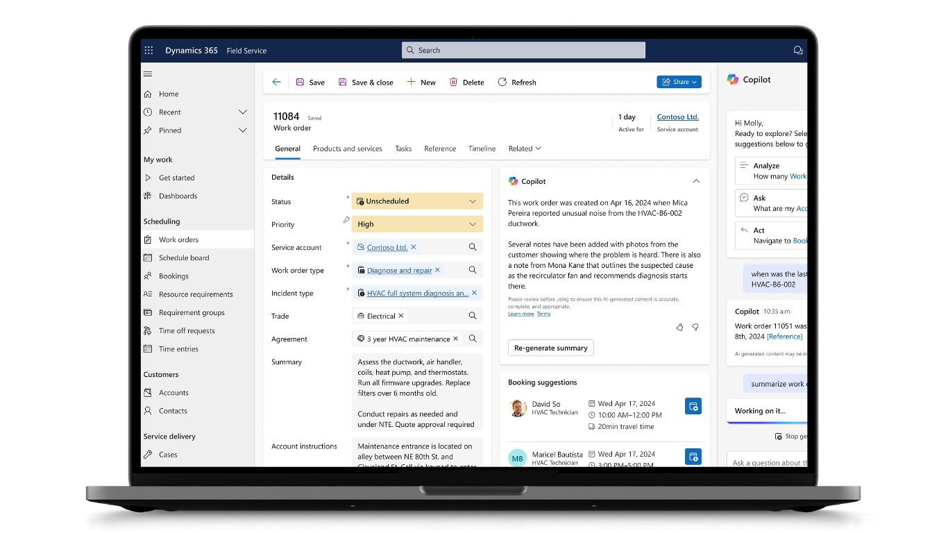 Copilot in Dynamics 365 Field Service automating scheduling dispatch, workflow coordination, and service-to-cash management