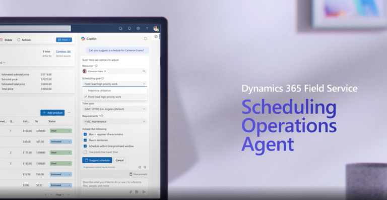 Dynamics 365 Field Service Scheduling Operations Agent using Copilot to suggest optimized technician scheduling based on skills, location, and priorities