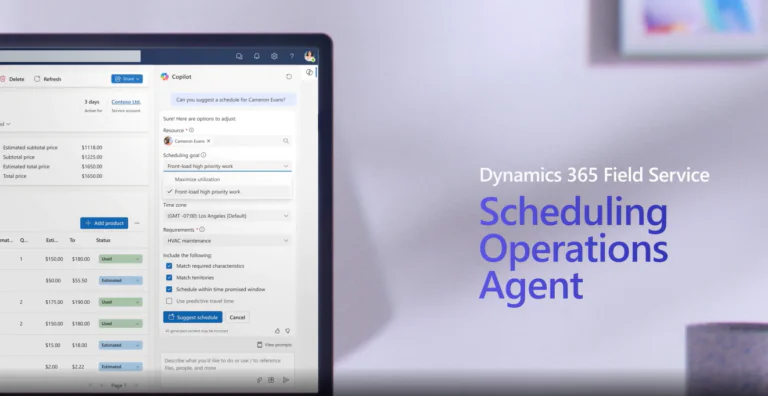Dynamics 365 Field Service Scheduling Operations Agent using Copilot to suggest optimized technician scheduling based on skills, location, and priorities