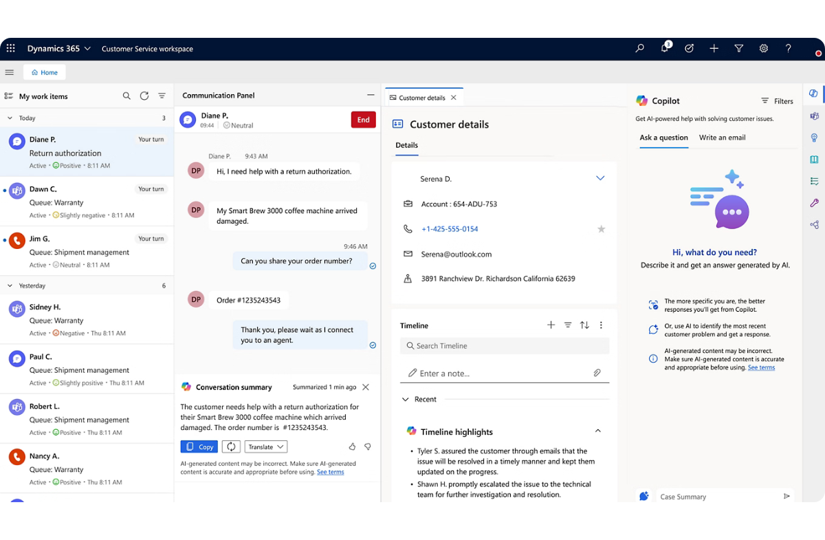 Copilot in Dynamics 365 Customer Service generating real-time case summaries and recommended responses for agents