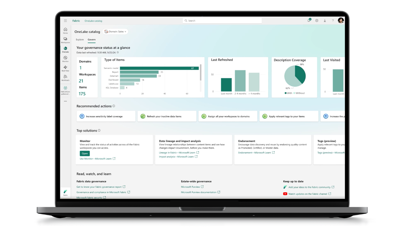 Microsoft Fabric unified analytics platform diagram showing OneLake, Data Factory, and Power BI integration
