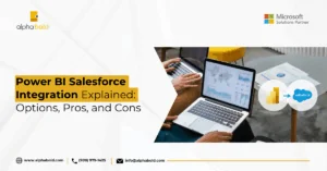 Infographic show the Power BI Salesforce Integration Explained Options, Pros, and Cons