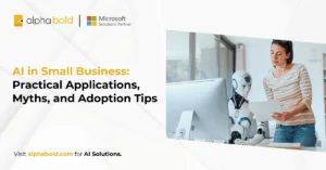 Infographic show the AI Play for SMBs - Applications, Myths, and Adoption Tips