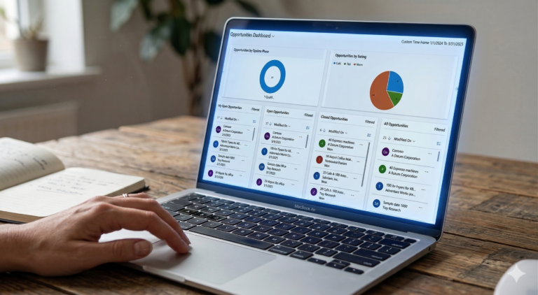 Sales dashboard displaying opportunities, pipeline metrics, and performance insights on a laptop screen