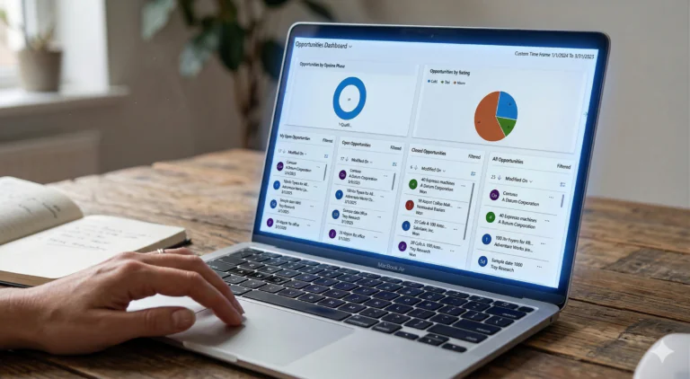 Sales dashboard displaying opportunities, pipeline metrics, and performance insights on a laptop screen