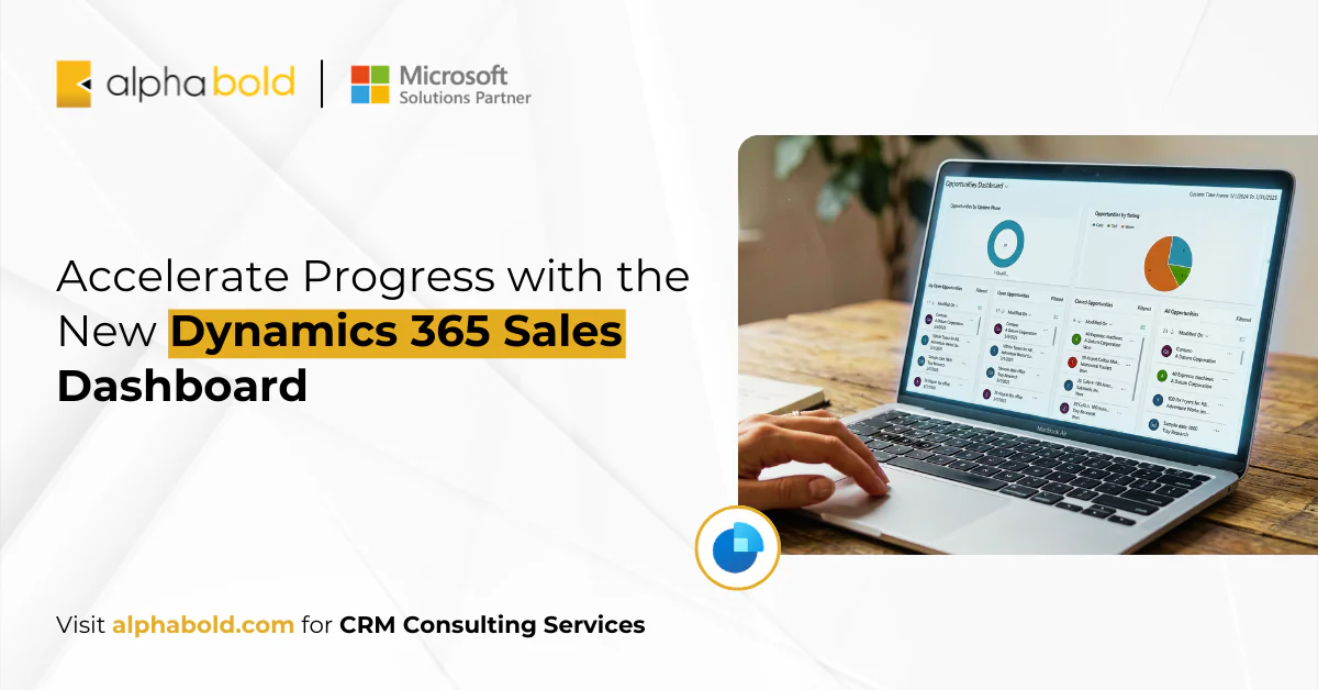 D365 Sales dashboard showing pipeline performance, sales insights, and decision-making analytics on a laptop