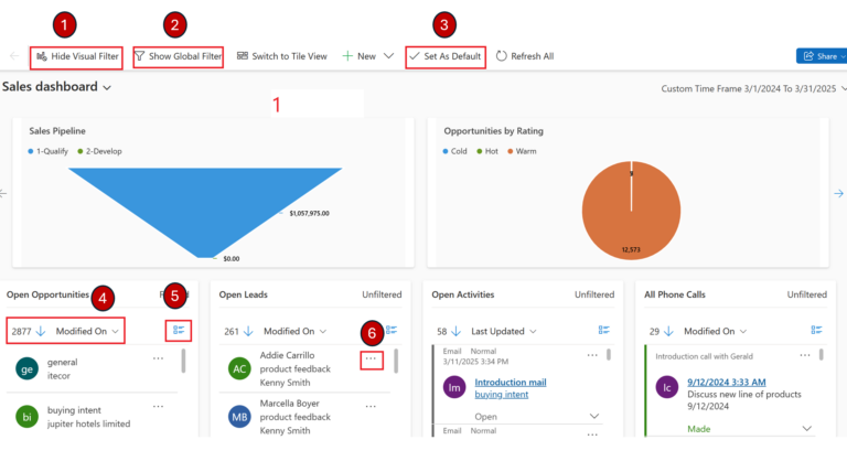 D365 Sales dashboard showing activities, opportunities, leads, accounts, and sales pipeline performance