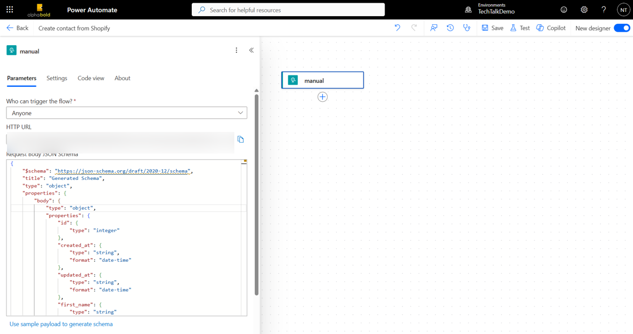 Power Automate flow is triggered by an HTTP request from Shopify