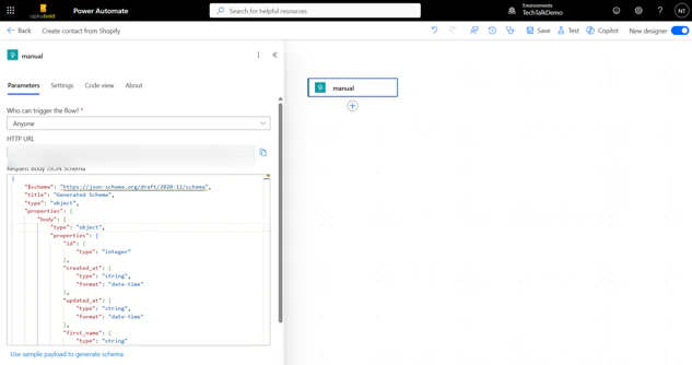 Power Automate flow is triggered by an HTTP request from Shopify